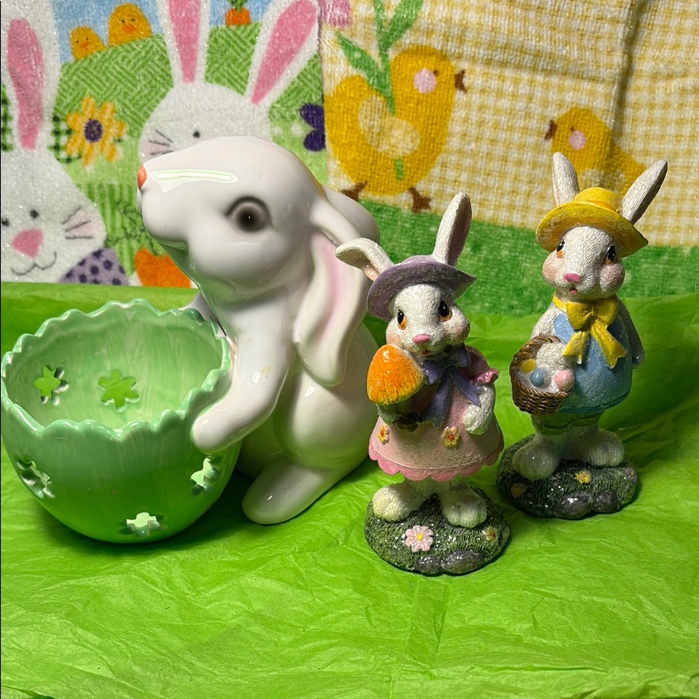 Easter Bunny Figurine Set with 2 Glittered Bunnies & 1 Holding Green Bowl